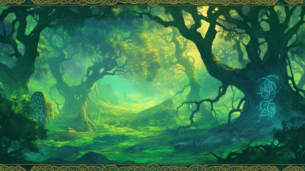ケルト装飾画風｜朝霧の森と金の文様