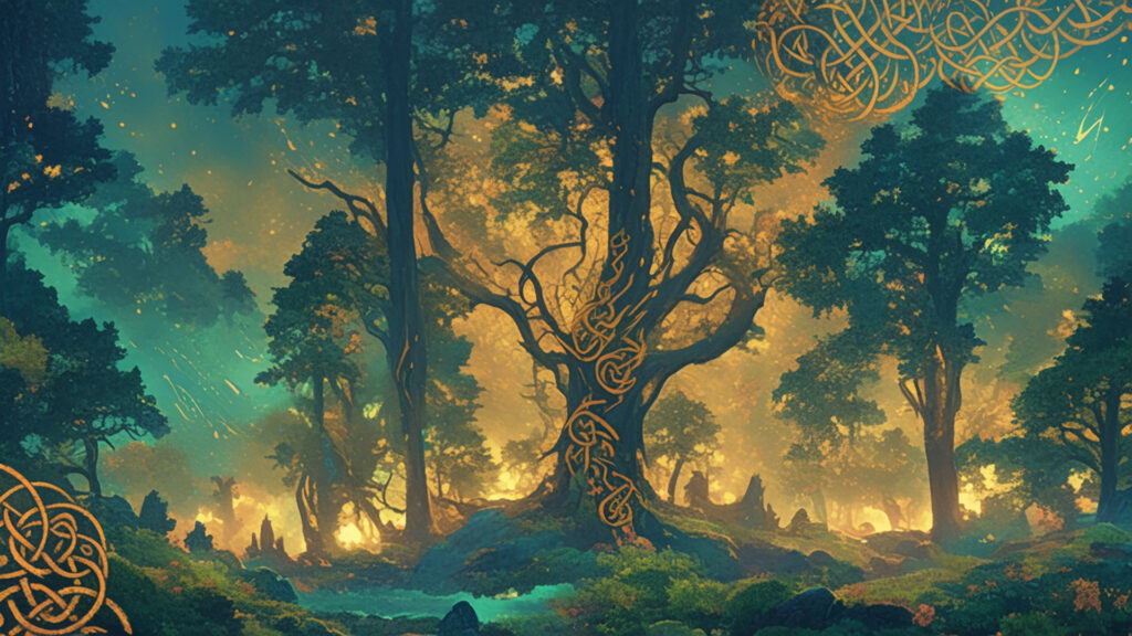 ケルト装飾画風｜朝霧の森と金の文様