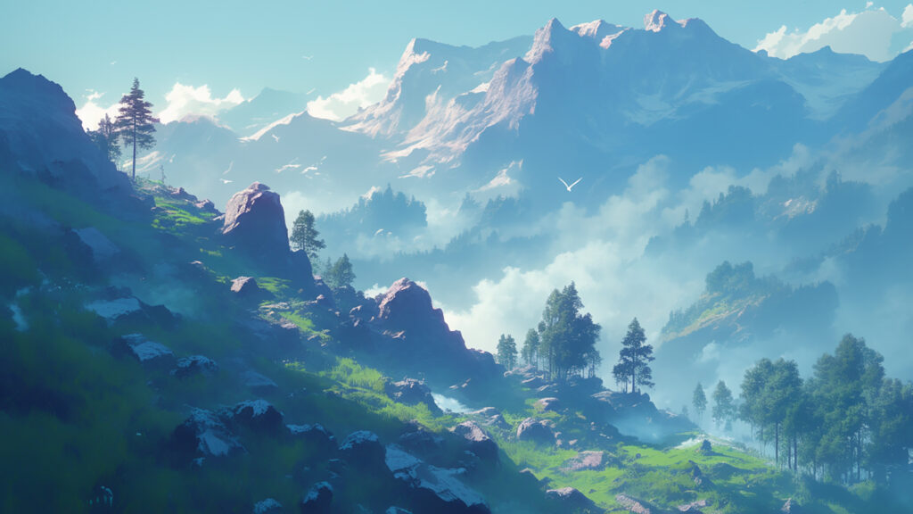 霧に包まれた山