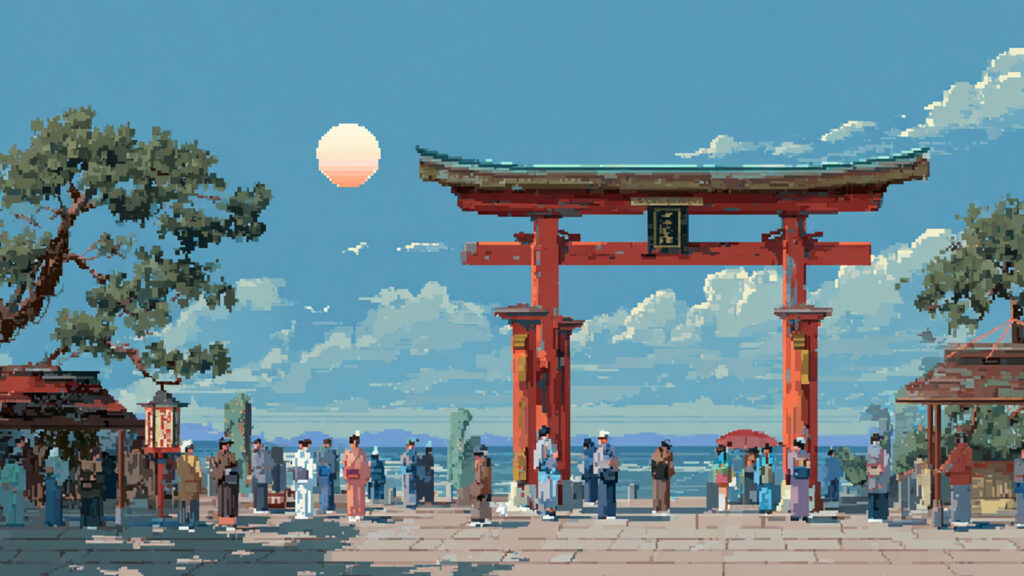 お正月神社の背景イラストのフリー素材