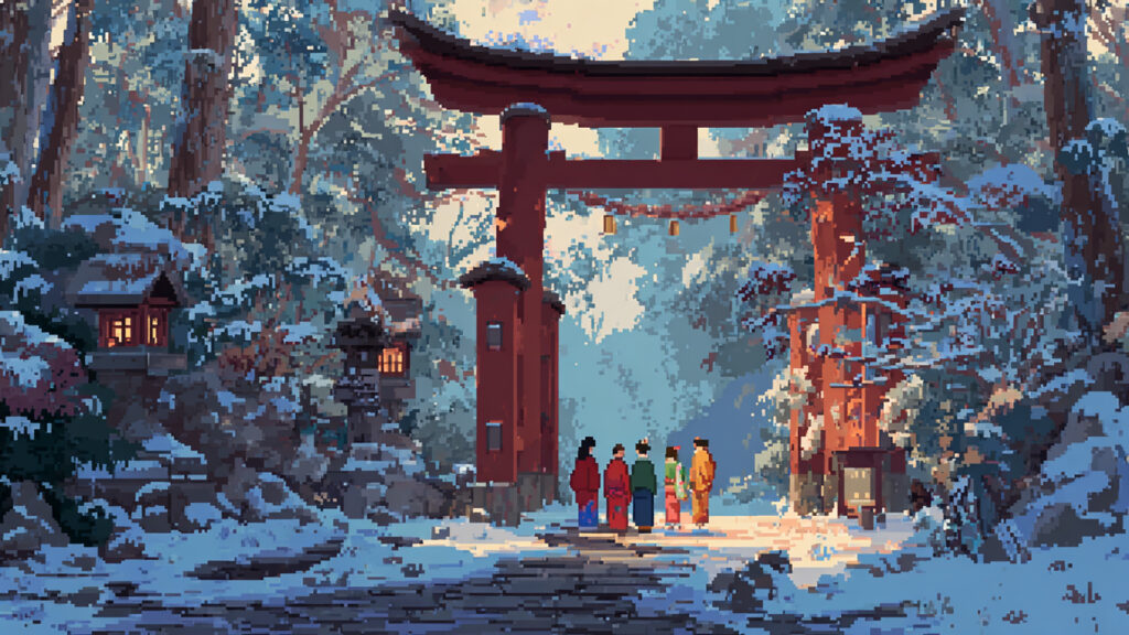 ドット絵風｜お正月神社背景素材