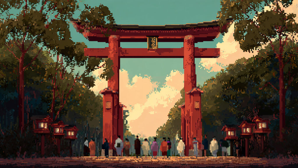 ドット絵風｜お正月神社背景素材