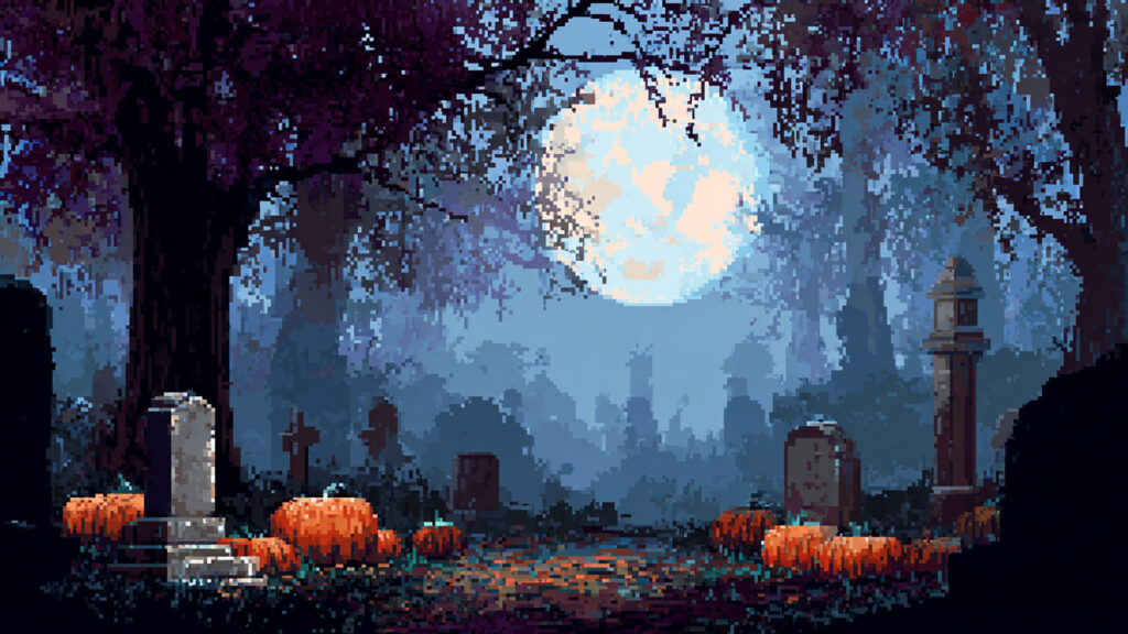 ドット絵風｜ハロウィン墓地背景素材