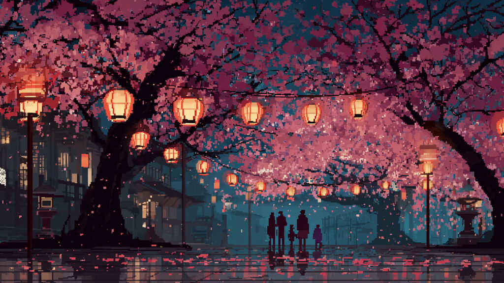 ドット絵風｜桜祭りの背景素材
