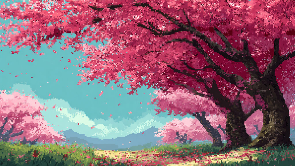 ドット絵風｜春の桜背景素材
