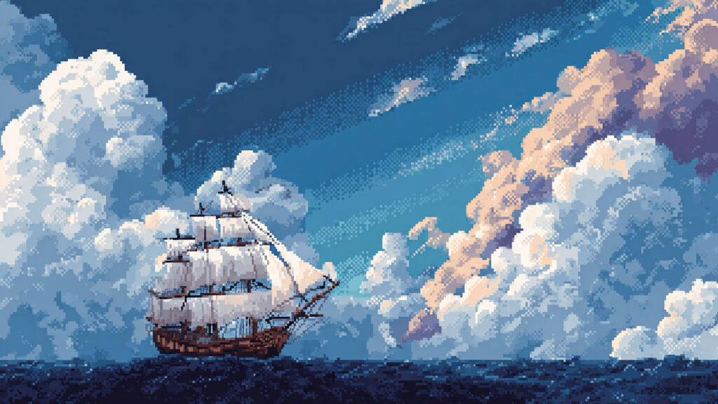 ドット絵風｜帆船の背景素材