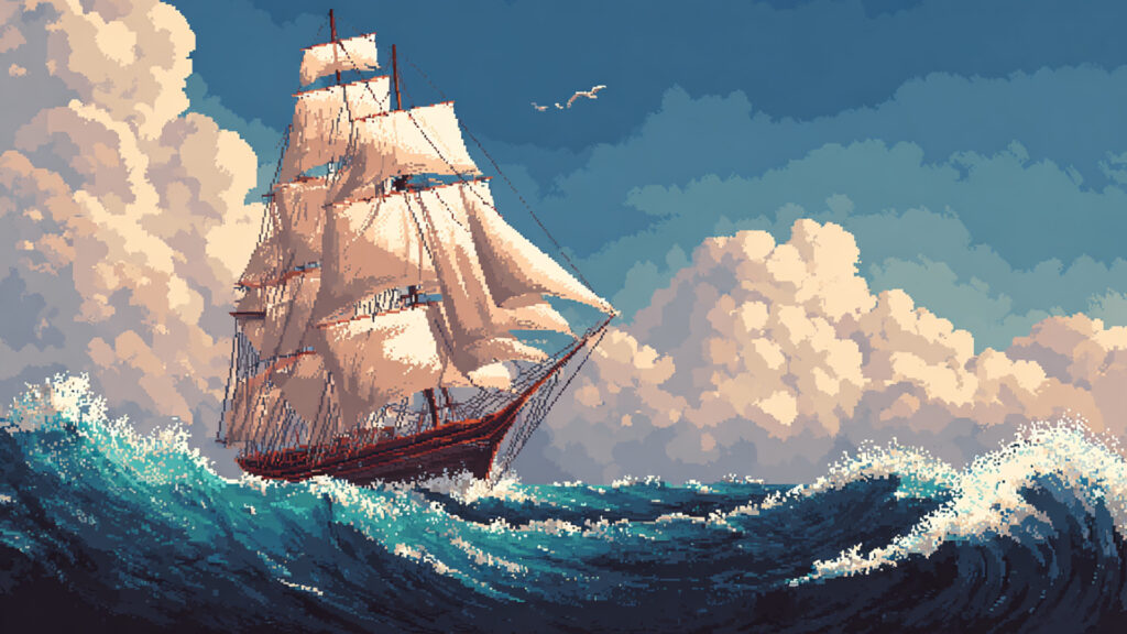 ドット絵風｜帆船の背景素材