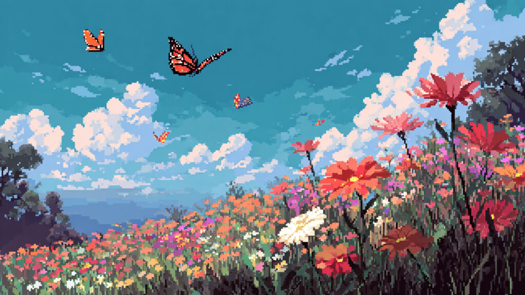 ドット絵風｜春の花畑背景素材