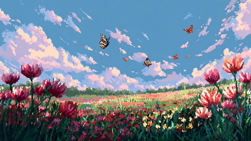ドット絵風｜春の花畑背景素材