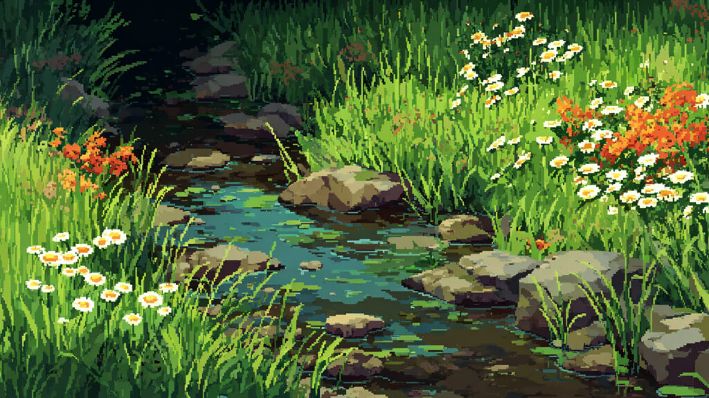 ドット絵風｜春の小川背景素材