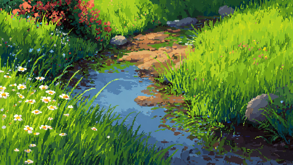 ドット絵風｜春の小川背景素材