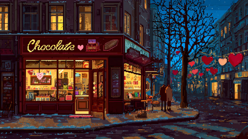 バレンタインの街角の背景イラストのフリー素材