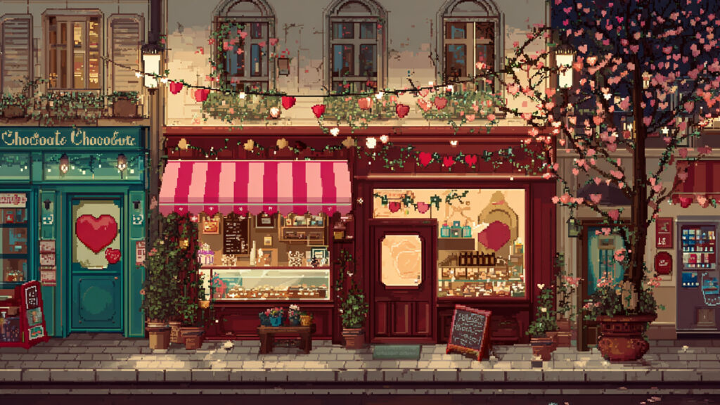 ドット絵風｜バレンタイン街角背景