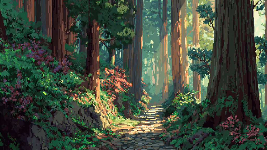 ドット絵風｜森の小道背景素材
