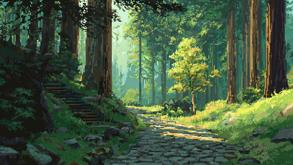 ドット絵風｜森の小道背景素材