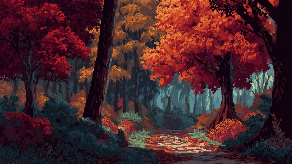 ドット絵風｜紅葉の森背景素材
