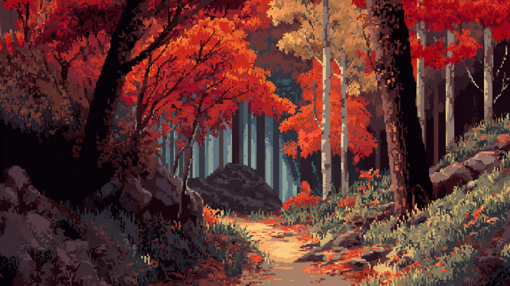 ドット絵風｜紅葉の森背景素材