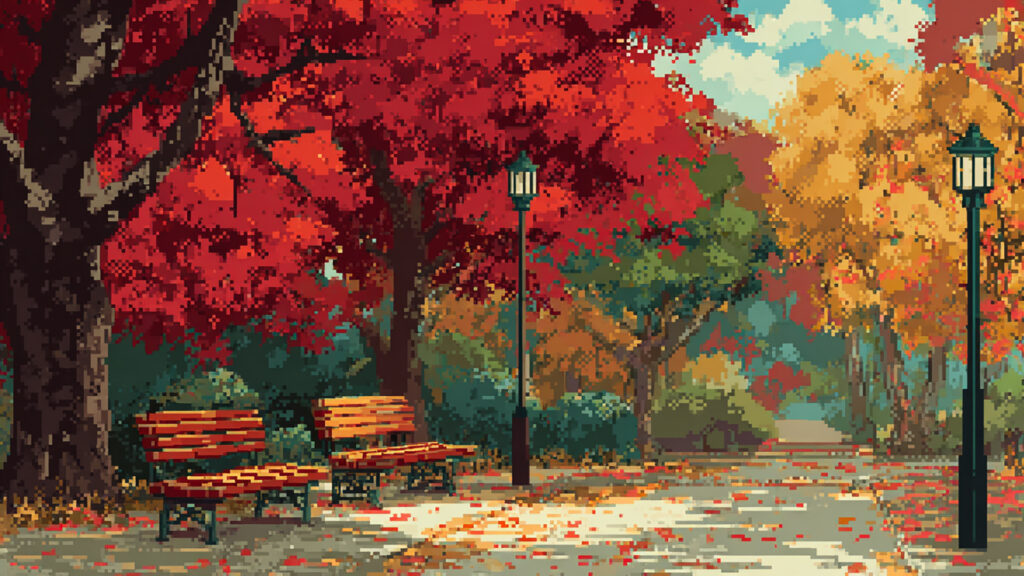ドット絵風｜秋の紅葉公園背景素材