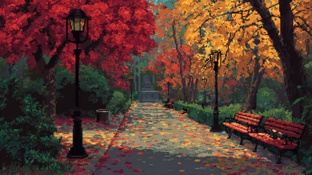 ドット絵風｜秋の紅葉公園背景素材