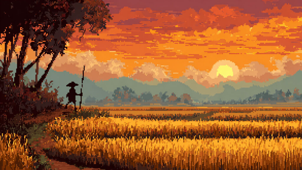 ドット絵風｜秋の稲穂背景素材