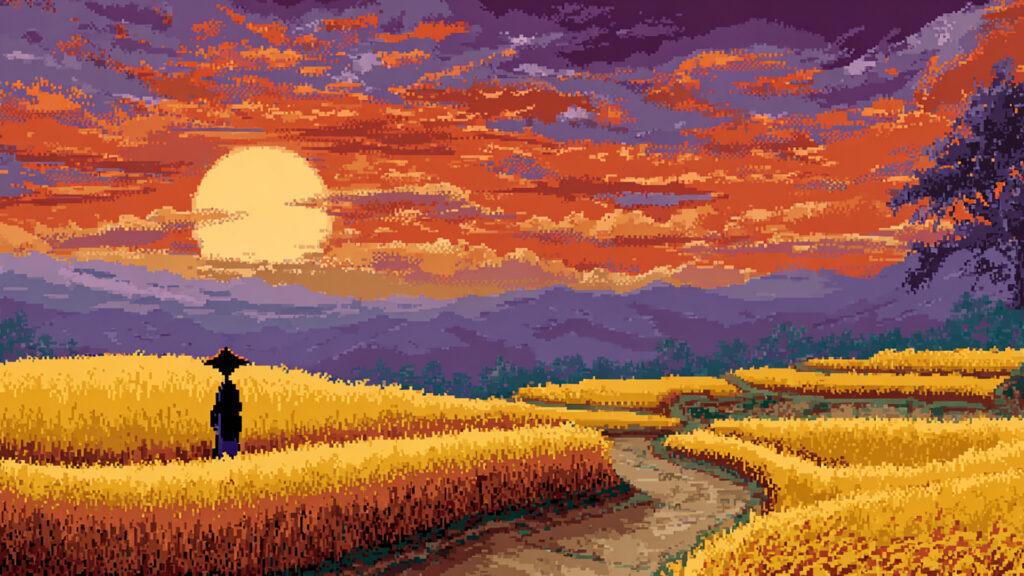 ドット絵風｜秋の稲穂背景素材