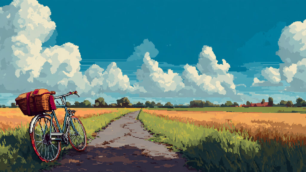 ドット絵風｜自転車と田園の背景素材
