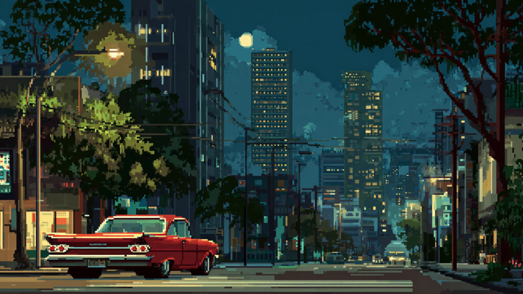 ドット絵風｜街と自動車の背景素材