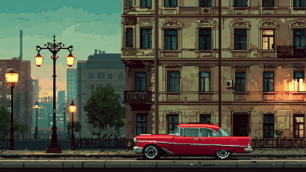 ドット絵風｜街と自動車の背景素材