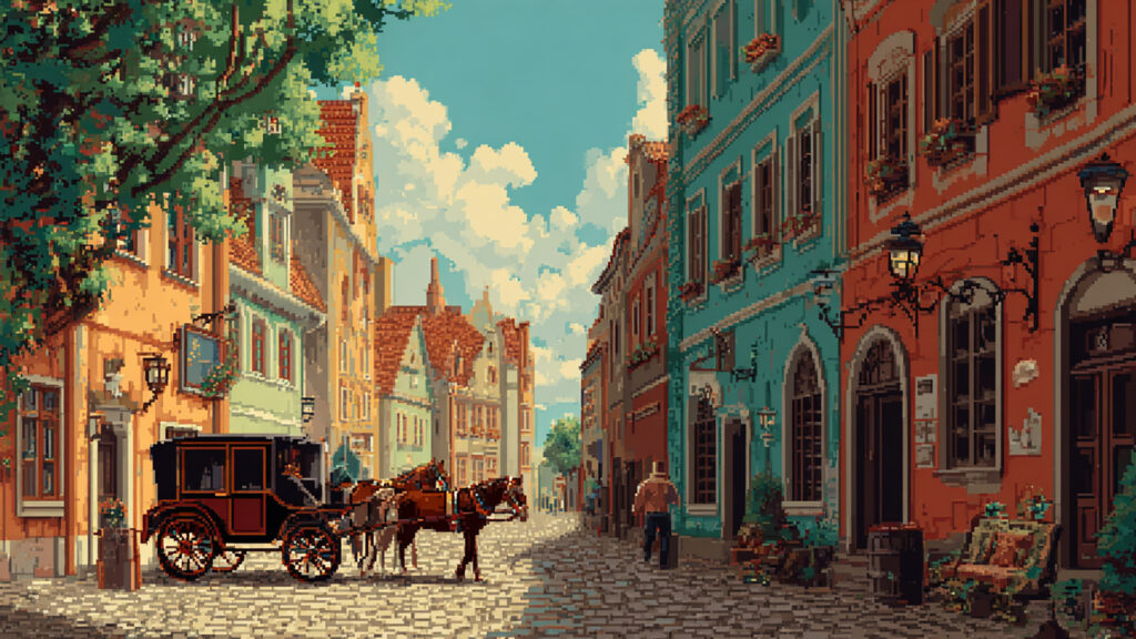 馬車と街並みの背景イラストのフリー素材
