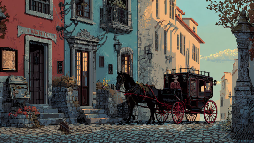 ドット絵風｜馬車と街並みの背景素材