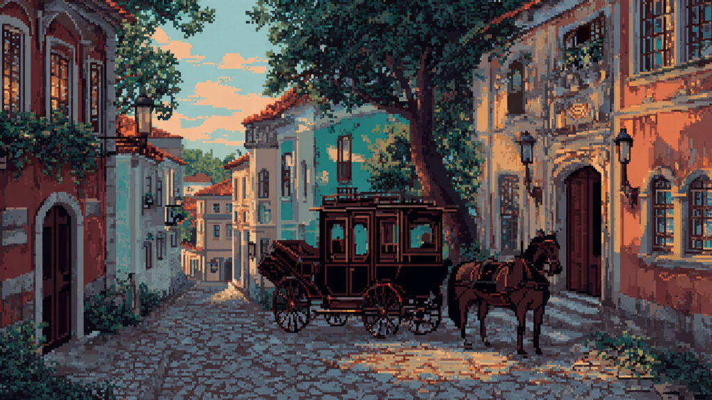 ドット絵風｜馬車と街並みの背景素材