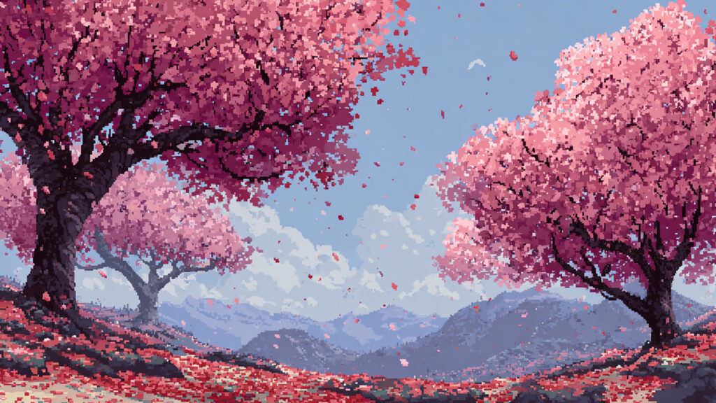 ドット絵風｜桜並木の背景素材