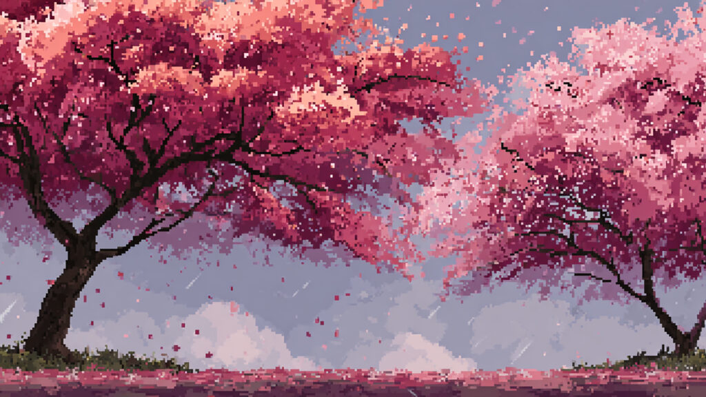 ドット絵風｜桜並木の背景素材