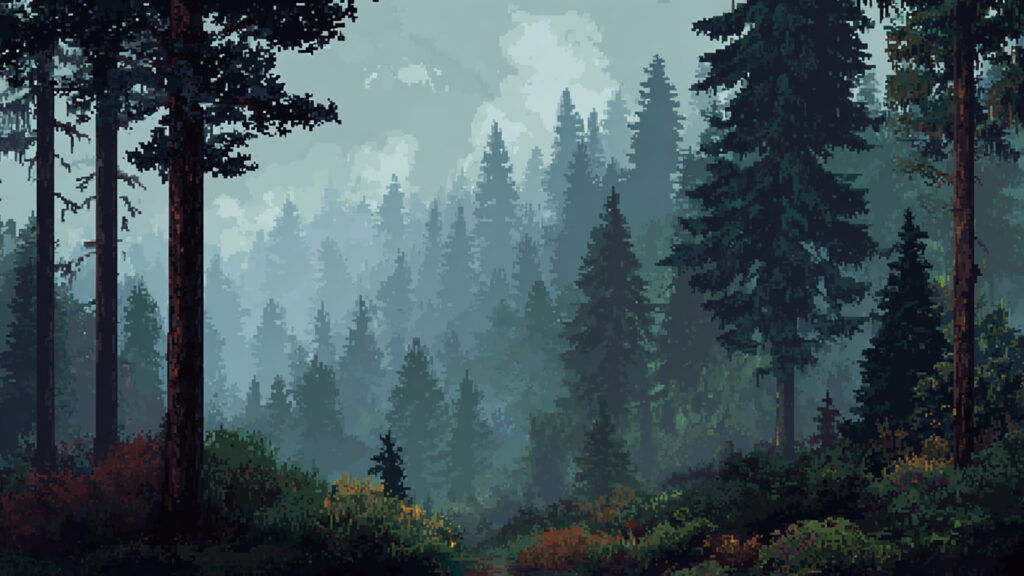 ドット絵風｜霧の森背景素材