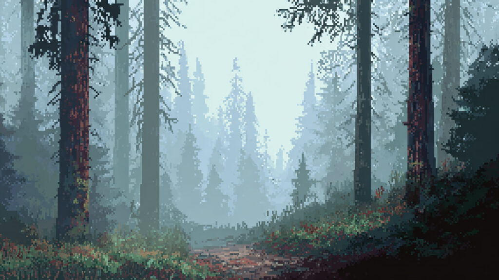 ドット絵風｜霧の森背景素材