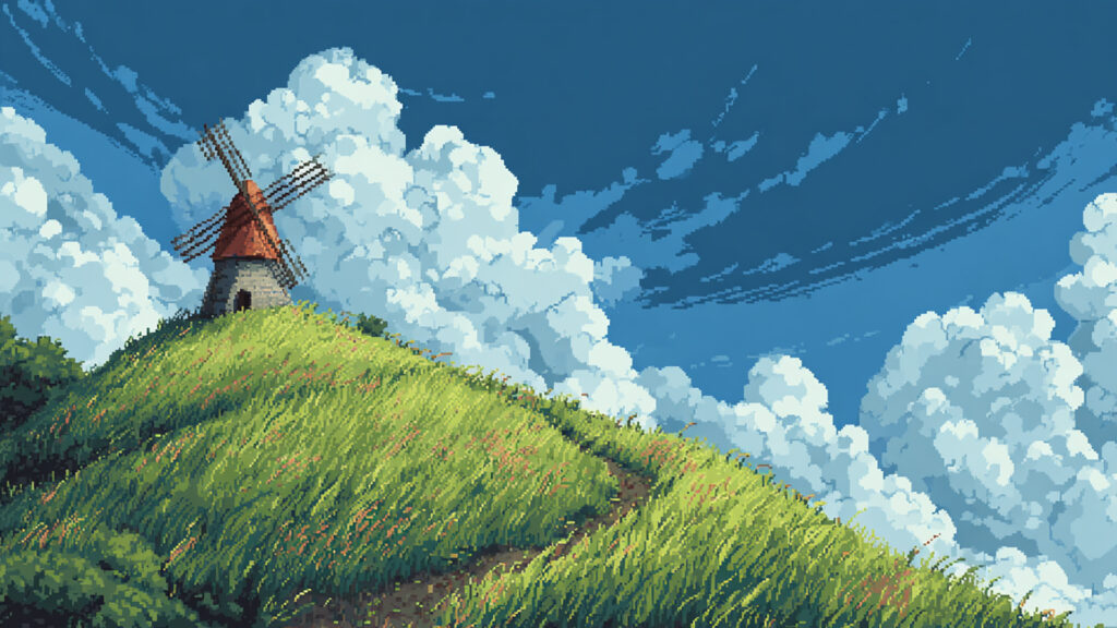 丘と風車の背景イラストのフリー素材