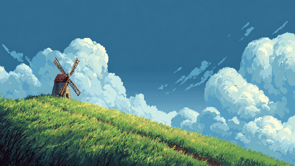 ドット絵風｜丘と風車背景素材
