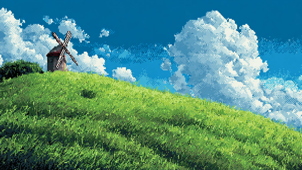 ドット絵風｜丘と風車背景素材