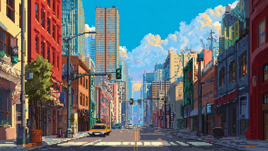 ドット絵風｜現代の街並み背景素材