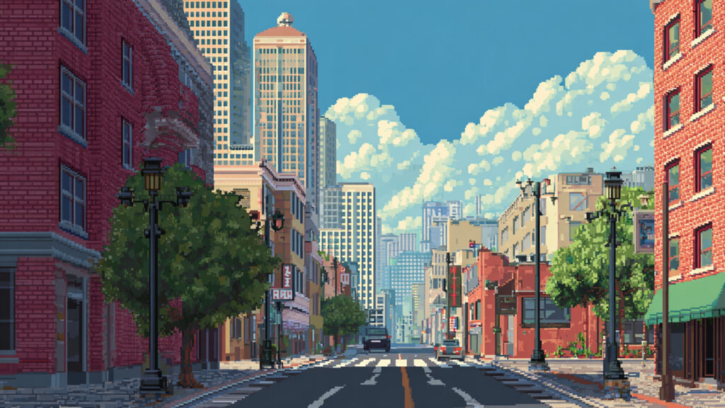 ドット絵風｜現代の街並み背景素材