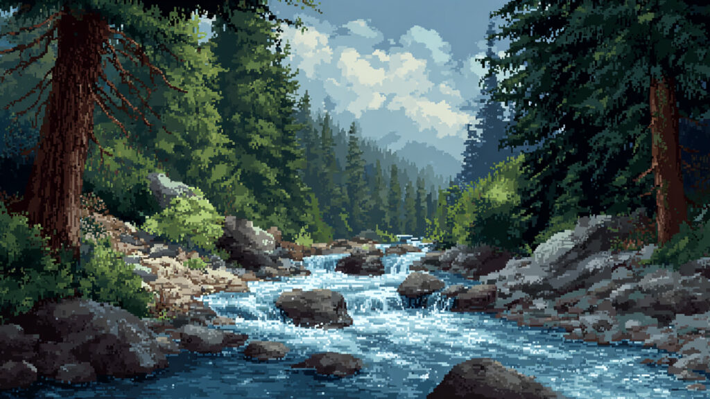 ドット絵風｜渓流の背景素材