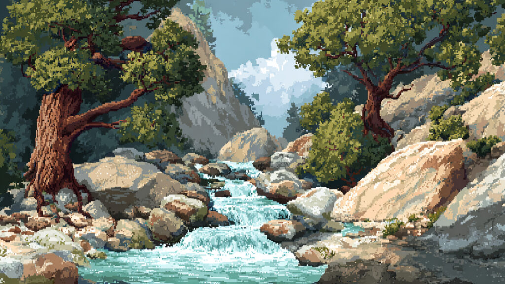 ドット絵風｜渓流の背景素材
