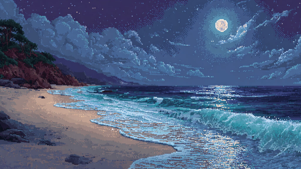 夜の海岸の背景イラストのフリー素材