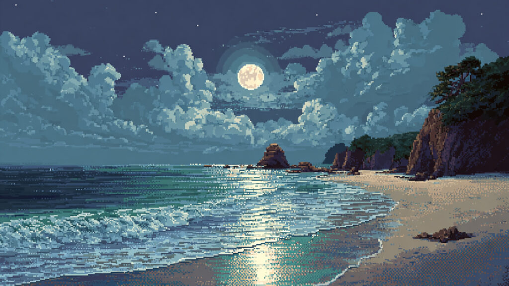 ドット絵風｜夜の海岸背景素材
