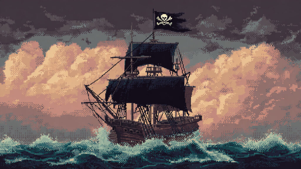 ドット絵風｜海賊船の背景素材