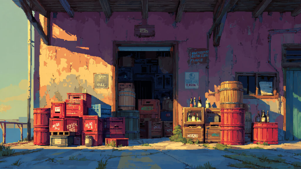 ドット絵風｜港の倉庫背景素材