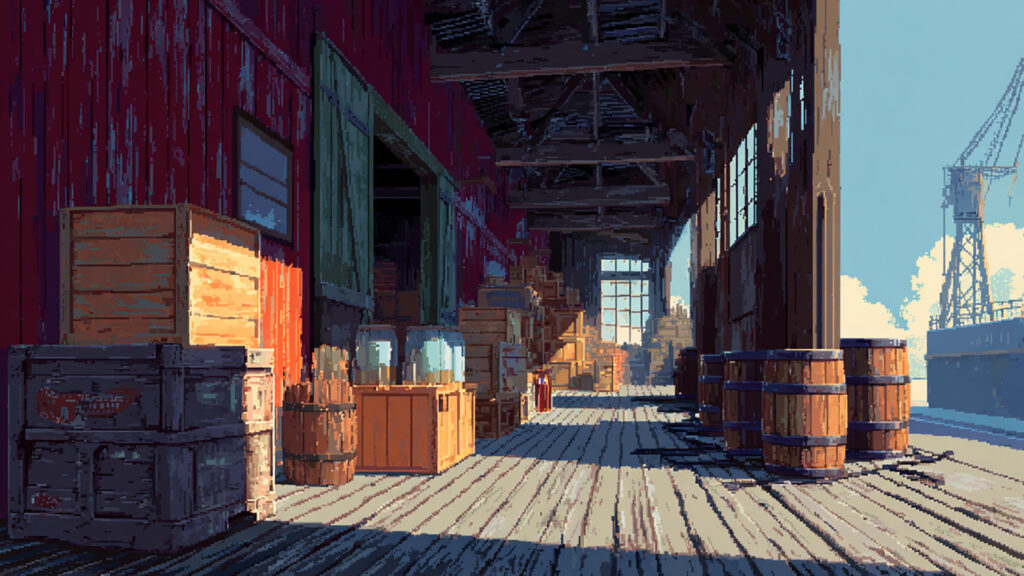 ドット絵風｜港の倉庫背景素材