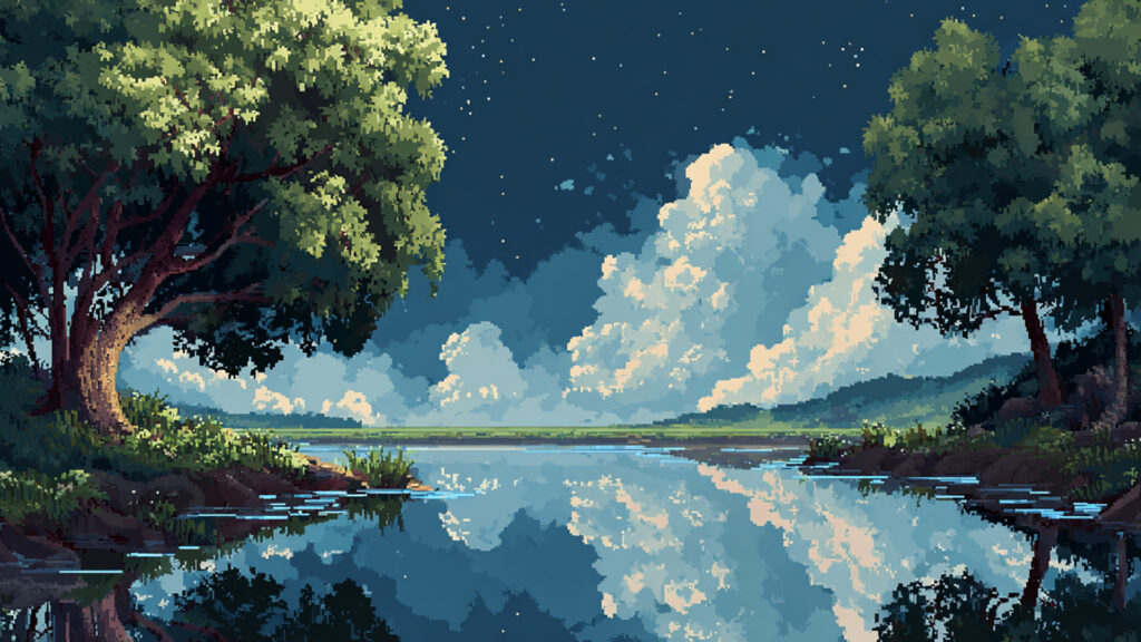 ドット絵風｜静かな湖の背景素材