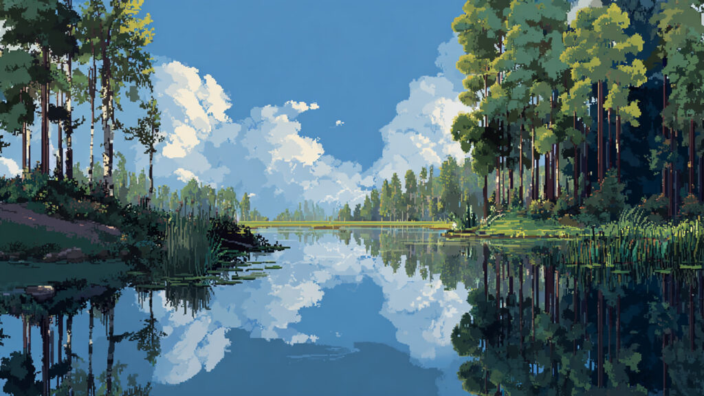 ドット絵風｜静かな湖の背景素材