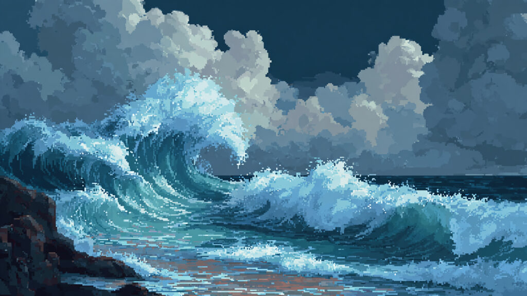 ドット絵風｜荒れた海の背景素材